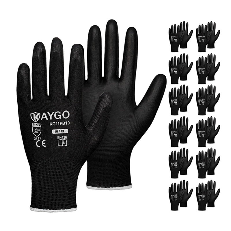 KAYGO Safety Work Gloves PU Coated,12 Pairs KG11PB Seamless Knit Glove for Men and Women, with Smooth Grip on Palm and Fingers, Ideal for General Duty Work (X-Large, Black) - Image 1